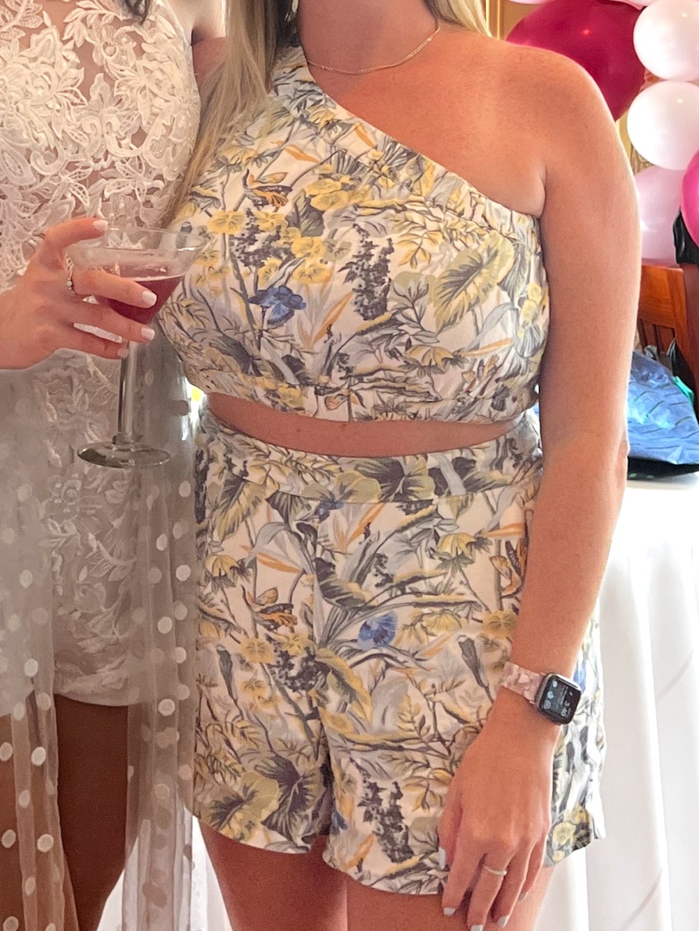 Floral One-Shoulder Crop Top and Shorts Set - Yellow & Blue